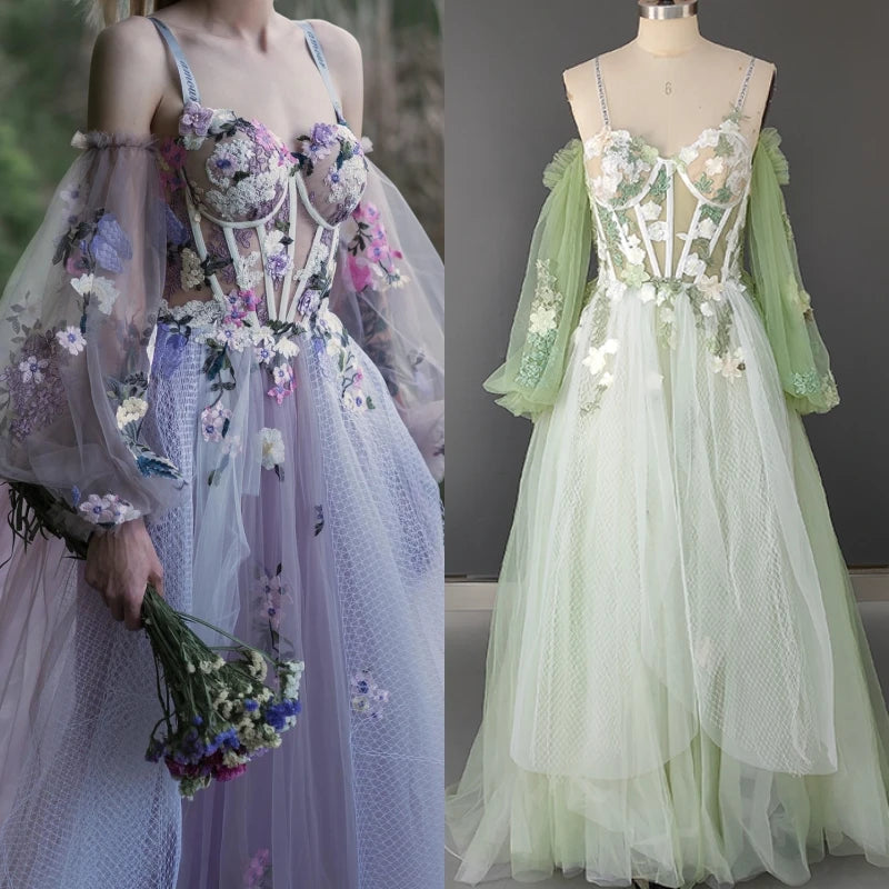 14257# Real Photos Custom Spaghetti Straps Flowers Lace A-line Prom Dress Formal Evening Dress Wedding Gown Bridal Dress