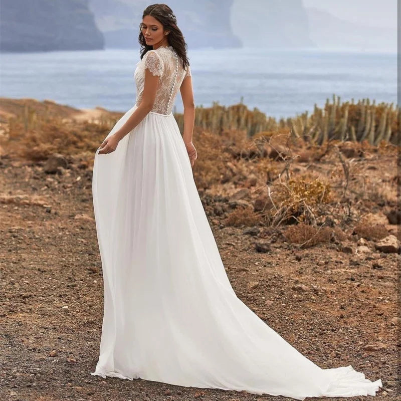 11559# Real Photos Short Lace Sleeves Soft Chiffon Beach Wedding Dress V-neck Pleat Sweep Train Bohemia Bridal Gown