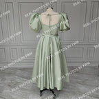 15178# Real Photos Puffy Sleeves Slit A-line Satin Wedding Party Dress Evening Prom Gown for Women  Evening Dress Formal Dress