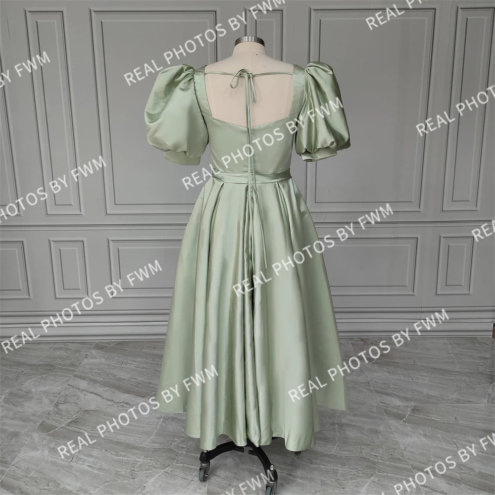 15178# Real Photos Puffy Sleeves Slit A-line Satin Wedding Party Dress Evening Prom Gown for Women  Evening Dress Formal Dress