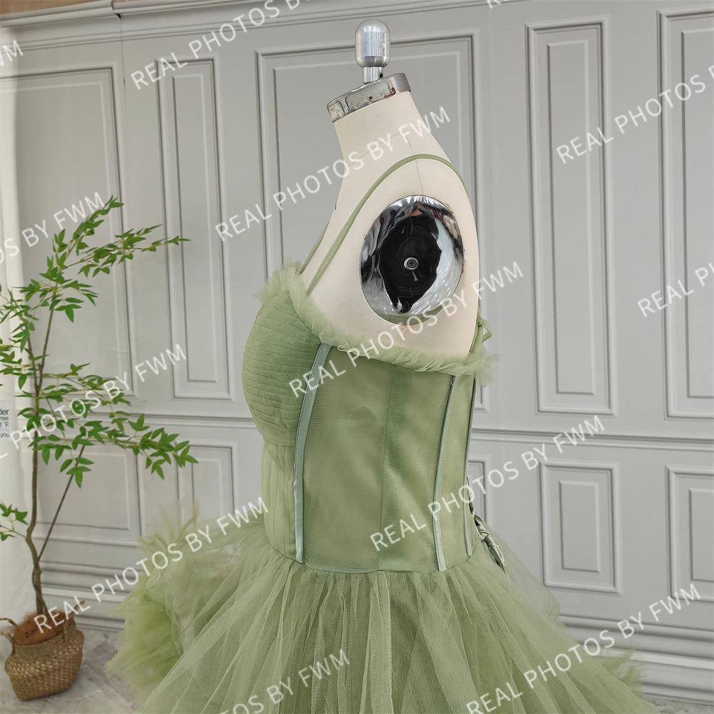 Real Photos Green Spaghetti Strap Ruffles Tulle Ball Gown Birthday Party Dress Women Prom Evening Dresses for Wedding