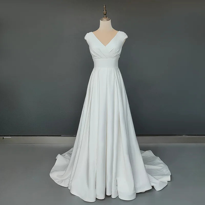 8183#Real Photos Sleeveless Sexy V-Neck Open Back Sheath A-Line Satin Side Pocket Sweep Train Wedding Dress Wedding Bridal Gown