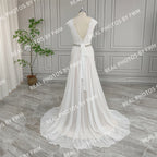 Real Photos High Quality Cap Sleeves V-Neck Chiffon Wedding Dress Elegant Appliques Lace Bridal Gown With Crystal Belt
