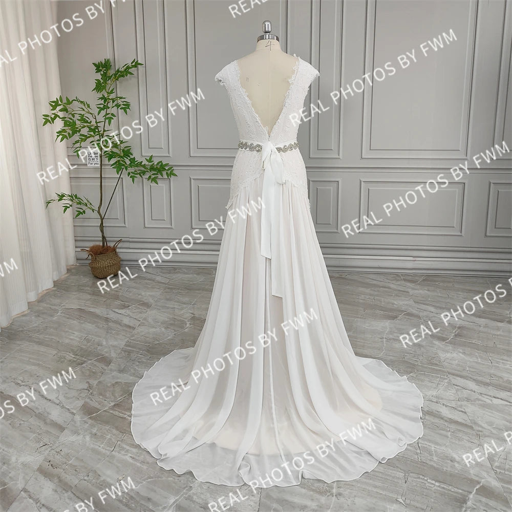 Real Photos High Quality Cap Sleeves V-Neck Chiffon Wedding Dress Elegant Appliques Lace Bridal Gown With Crystal Belt