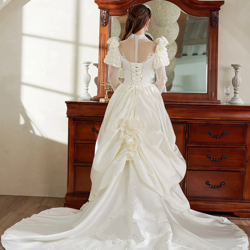 2209# Real Photos Vintage Renaissance 1920s Exquisite Appliques Pearls Lace Wedding Dress Sweep Train Bridal Gown Ball Gown
