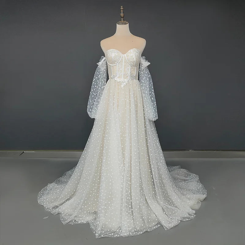 Real Photos Classic Boho Sweetheart A-Line Strapless Long Sleeves Backless Beach Sweep Train Lace Wedding Dress Bridal Gown