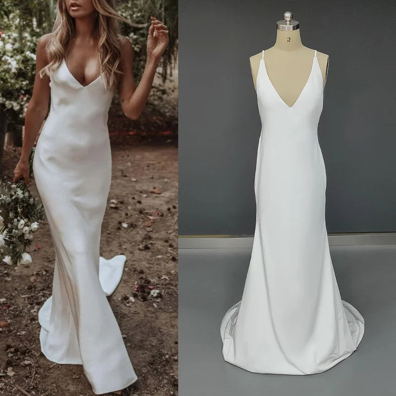 11606# New V-Neck Bohemian Sweep Train Soft Satin Wedding Dress Open Back Mermaid Sleeveless Criss-Cross Bridal Gown Real Photos