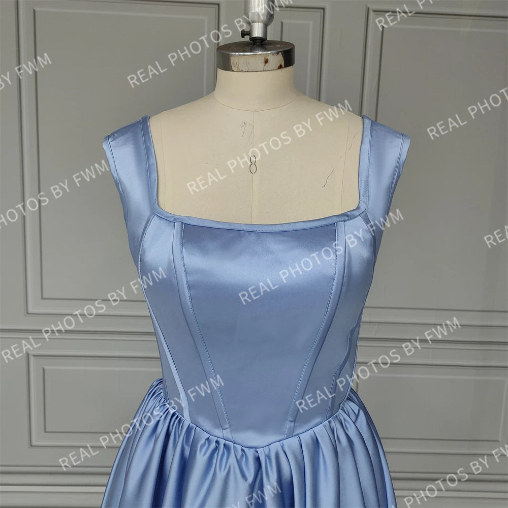 14579# Real Photos Square Collar High Side Slit A-line Corset Satin Evening Dress Women Formal Prom Gown for Party