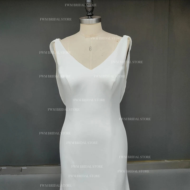 12553# Real Photos Simple Detachable Sweep Train V-neck Trumpet  Soft Satin Wedding Dres Bridal Gown Evening Dresses