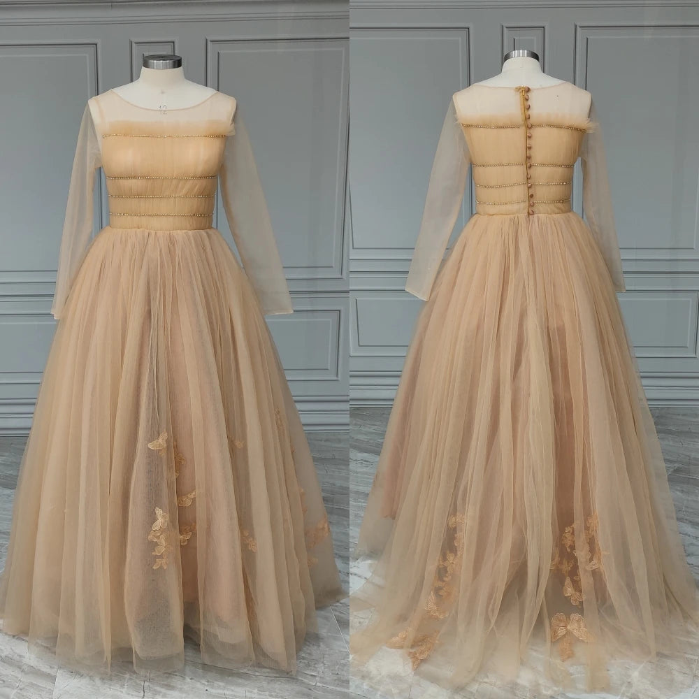 #3113 REAL PHOTOS O-Neck Elegant Champagne Sleeveless Puffy A-Line Bride Gown Wedding Dress for Women Evening Dress Party Dress