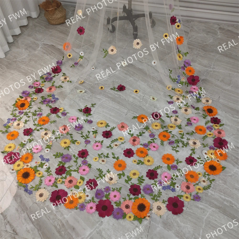 Real Photos High Quality One Layer Embroidered Flowers Lace Bridal Veil 200cm Wedding Veil Accessories for Wedding