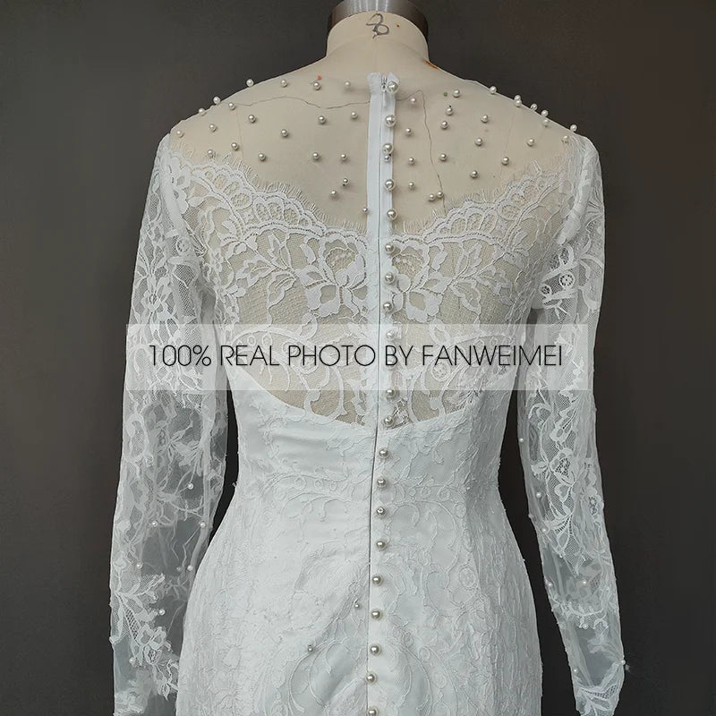 11470#  Real Photos Simple Appliques Lace Pearls Long Sleeves Mermaid Wedding Dress for Engagement Bridal Gown Evening Dress