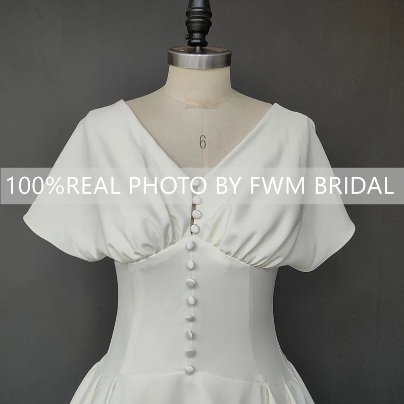 #3115 Real Photos Vintage French Style Soft Satin Wedding Bridal Dress Simple V Neck Short Sleeves Buttons Hepburn Bridal Gown