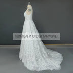 Real Photos Elegant Spaghetti Straps 3D Lace Wedding Dress Sleeveless Low Back Illusion Deep V-Neck Bridal Gown for Women