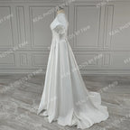 100% Real Photos Elegant Short Puffy Sleeves O-Neck Satin A-line Wedding Dress With Pockets Sweep Train Bride Gown for Women