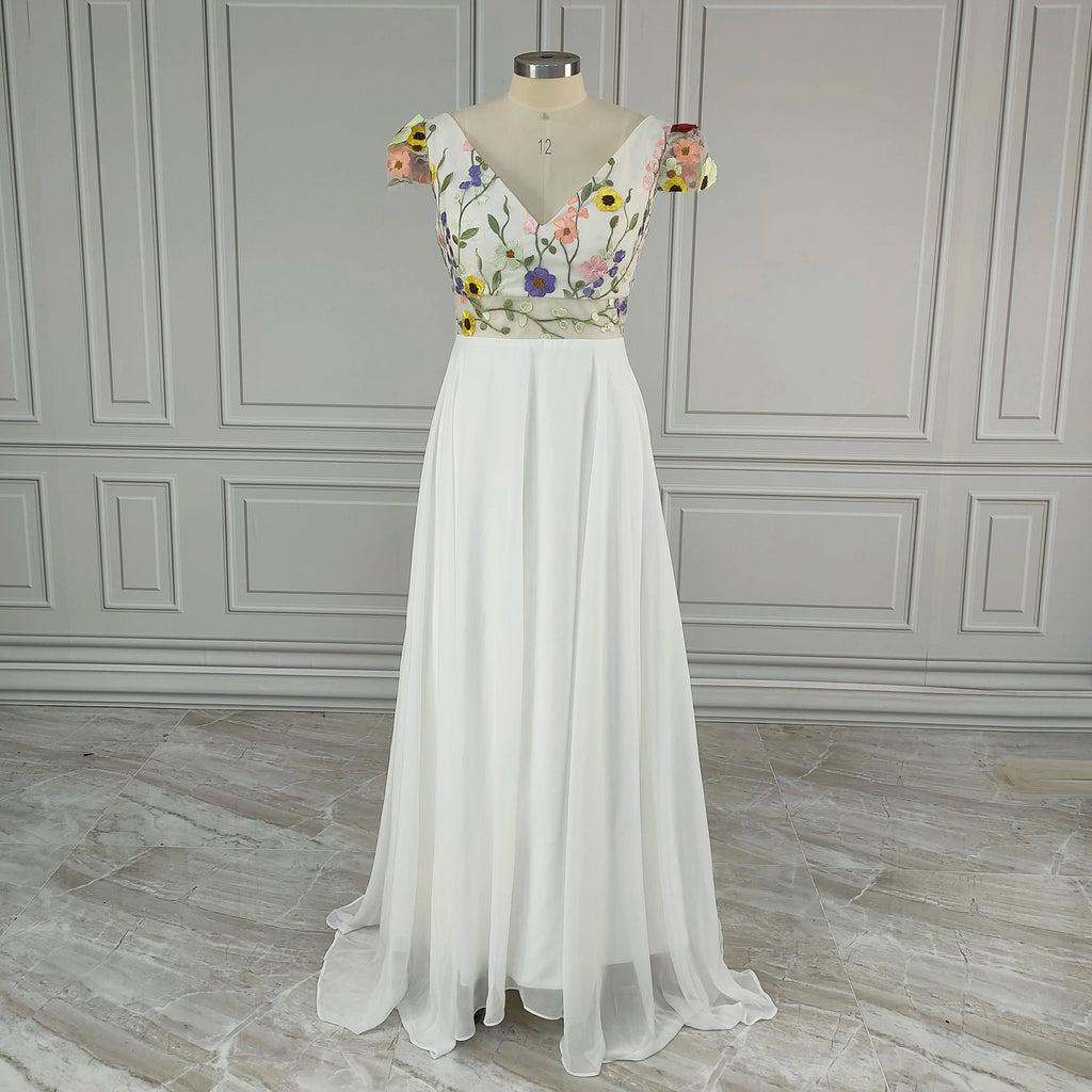 10808# Real Photos Pastrol Cap Sleeves V-Neck Floral Appliques A-line Chiffon Wedding Dress for Women Backless Bridal Gown