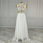 10808# Real Photos Pastrol Cap Sleeves V-Neck Floral Appliques A-line Chiffon Wedding Dress for Women Backless Bridal Gown