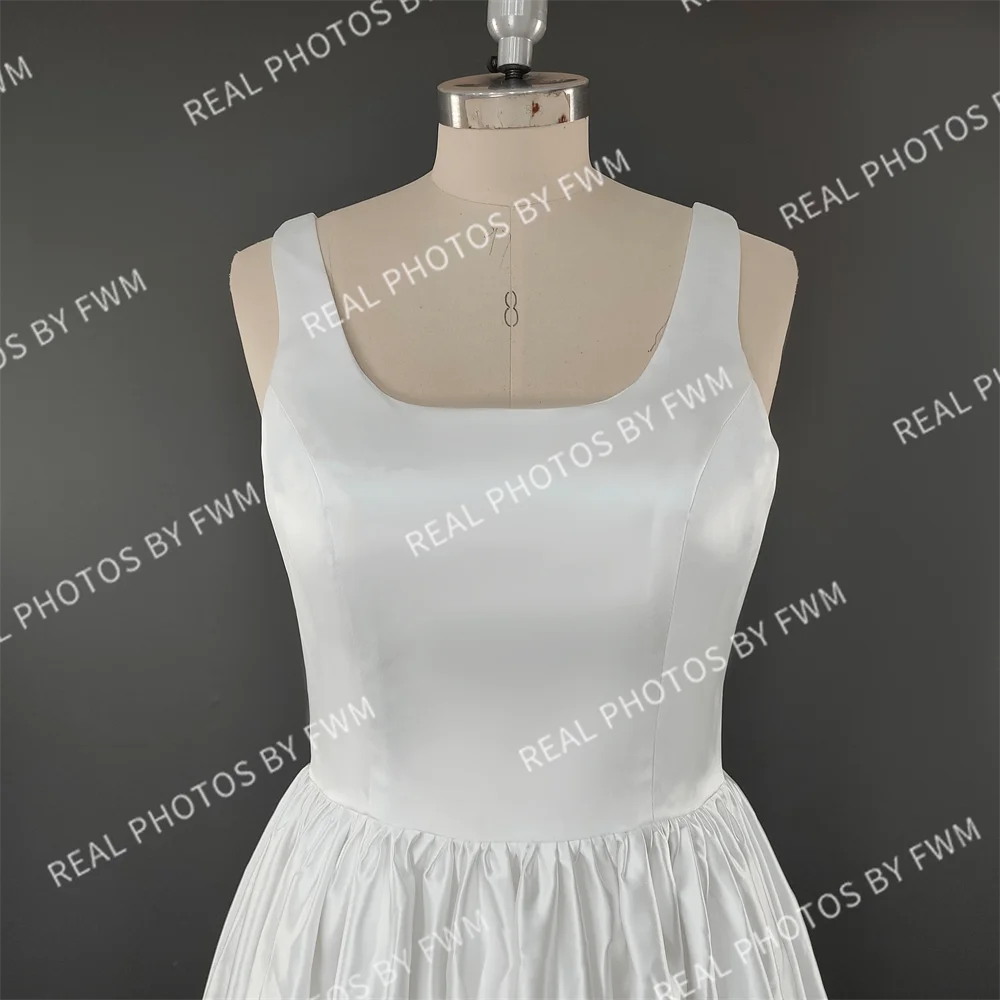 Real Photos Simple A-Line Square Neck Sleeveless Low Back Princess Matte Satin Sweep Train Wedding Dress Bridal Gown Women