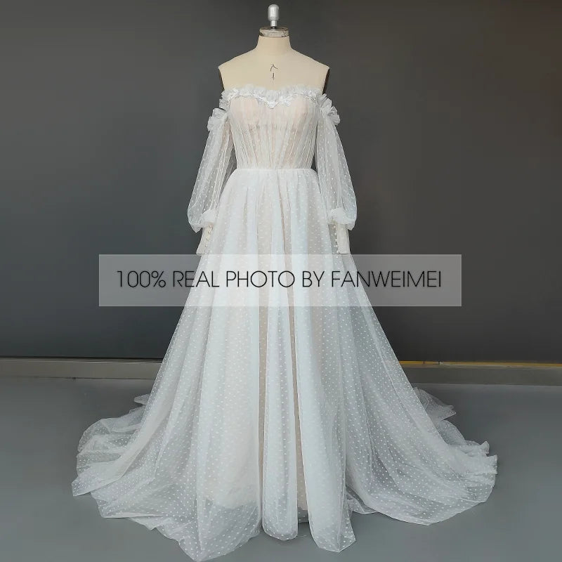 Real Photos Elegant Detachable 3/4 Puffy Sleeves Pleated Dot Tulle A-line Wedding Dress Sweep Train Bride Gown for Women