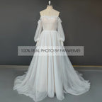 Real Photos Elegant Detachable 3/4 Puffy Sleeves Pleated Dot Tulle A-line Wedding Dress Sweep Train Bride Gown for Women