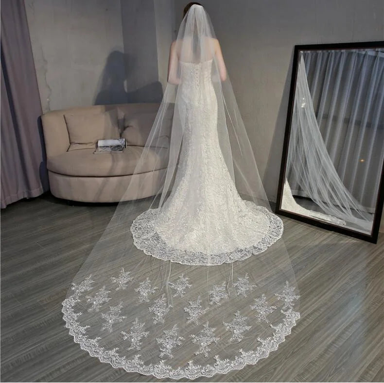 3 Meters Luxury Cheap White Wedding Veil Bridal Veil Lace Wedding Veil for Bride