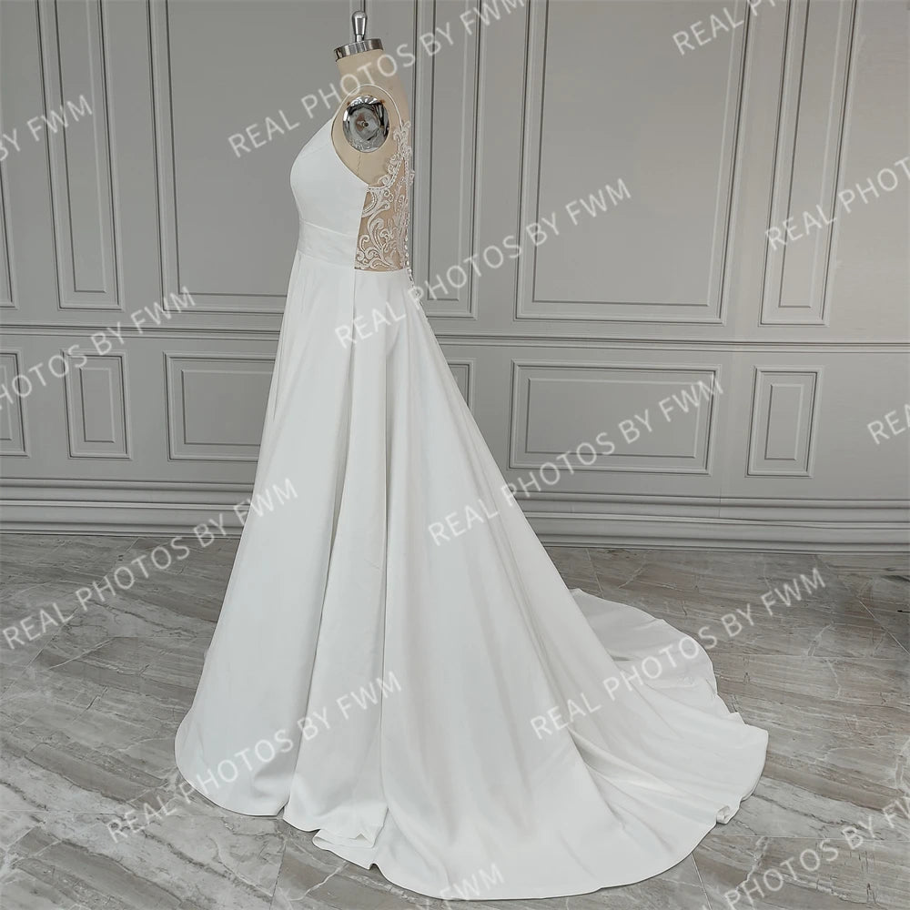 Real Photos Simple Spaghetti Straps V-neck A-line Chiffon Wedding Dress Beading Sequined Lace Backless Bride Gown for Women