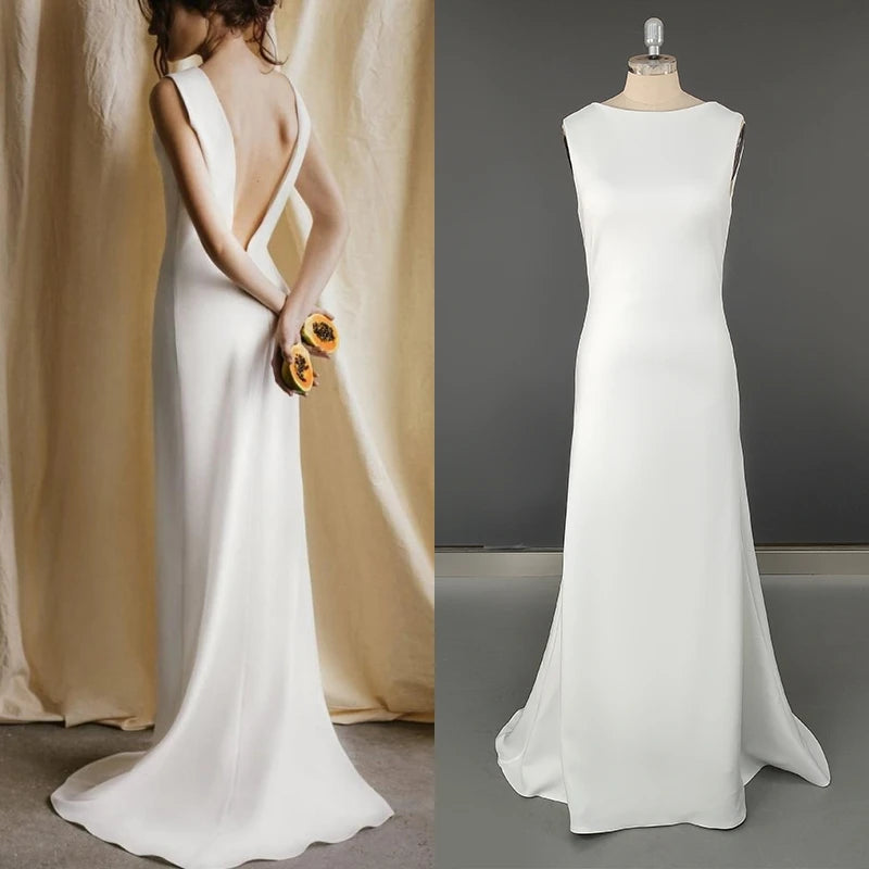 8763#Real Photos Simple Boat Neck Soft Satin Wedding Dress for Engagement Backless Sweep Train Bridal Gown Evening Dress