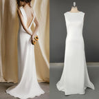 8763#Real Photos Simple Boat Neck Soft Satin Wedding Dress for Engagement Backless Sweep Train Bridal Gown Evening Dress