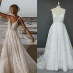 Real Photos Elegant Spaghetti Straps 3D Lace Wedding Dress Sleeveless Low Back Illusion Deep V-Neck Bridal Gown for Women