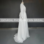 8239#  Real Photos Split Front V-neck Pleat Soft Chiffon Wedding Dress Elegant SweepTrain Bridal Gown With Long Sleeves