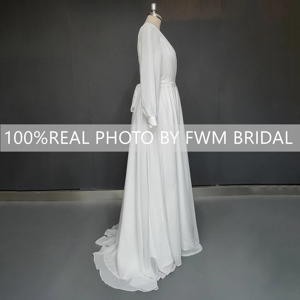 8239#  Real Photos Split Front V-neck Pleat Soft Chiffon Wedding Dress Elegant SweepTrain Bridal Gown With Long Sleeves