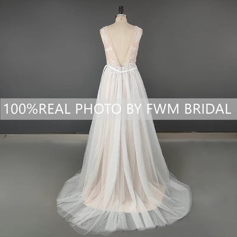 8416# Real Photos Modern Appliques Lace With Pearls Straps Sweep Train Wedding Dress Backless Bridal Gown