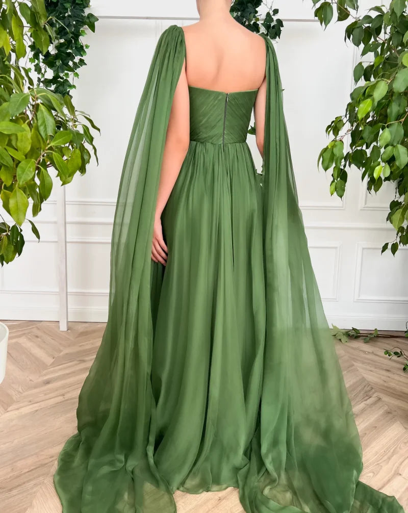 15171# Real Photos Green V-neck Ruched Belt Split Front Lace A-line Prom Evening Dress Wedding Party Dress for Plus Size Women