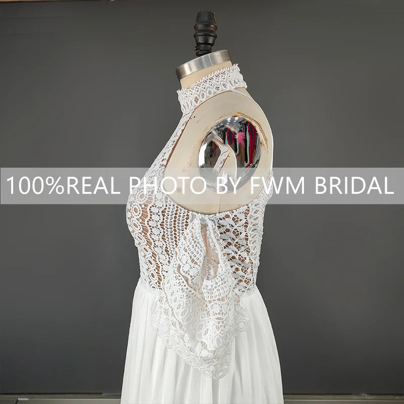 4044# Real Photos Off Shoulder Beach Sweep Train Bohemia Wedding Dress Halter Neck Appliques Backless Soft Chiffon Bridal Gown