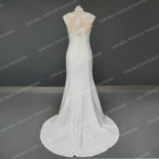 100% Real Photos Classic Mermaid Appliques Illusion Lace Wedding Dress Sleeveless Bride Gown With Button Factory Price