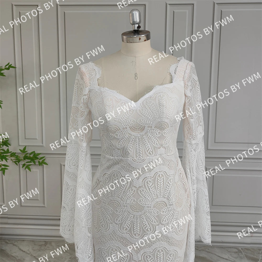 Real Photos High Quality Boho Flare Sleeves Lace Wedding Dress for Bride Woman Open Back Bridal Gown With Train  Wedding Gown