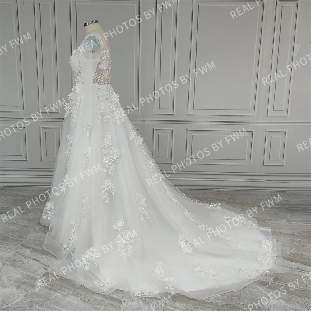 Real Photos Beach Spaghetti Straps 3D Flowers Sequined Lace Tulle A-line Wedding Dress Bride Gown for Women
