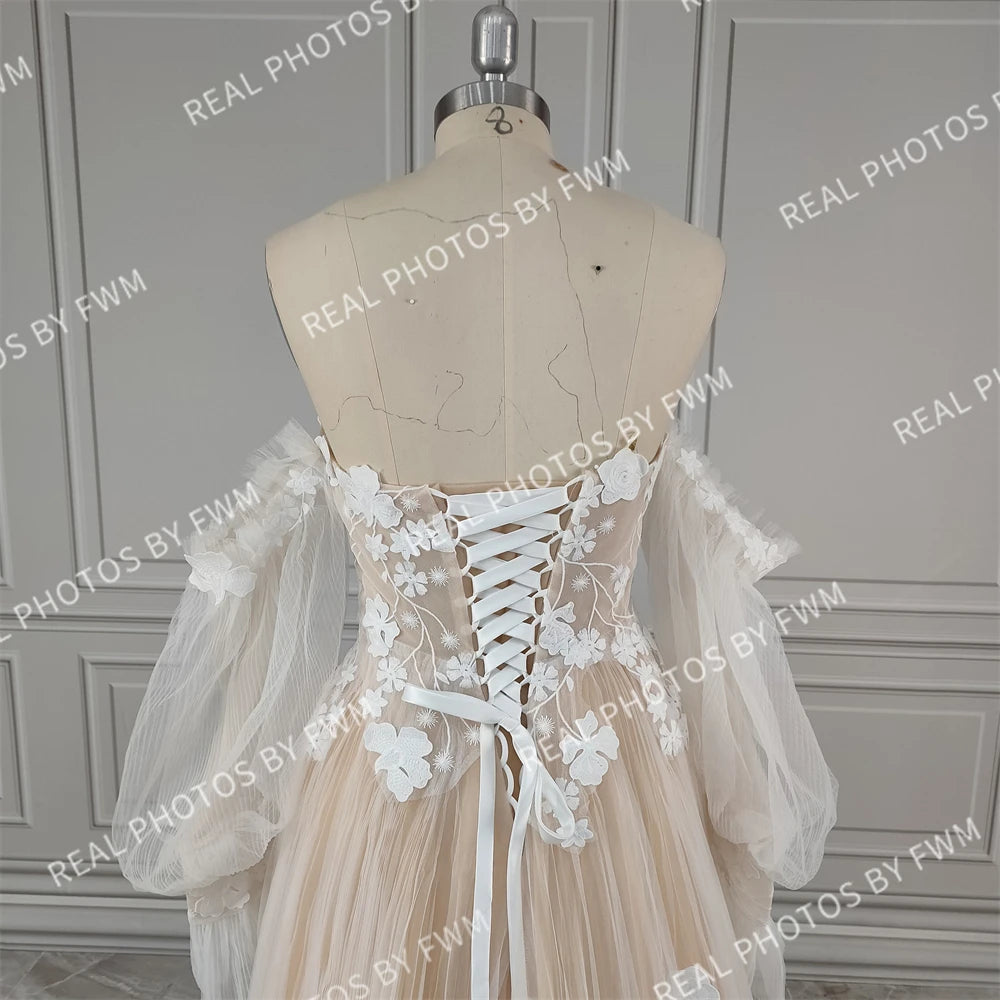 #2220 Real Photos Boho Detachable Puffy Sleeves Appliques Lace Strapless Wedding Dress for Women Pleated Tulle  Bridal Gown