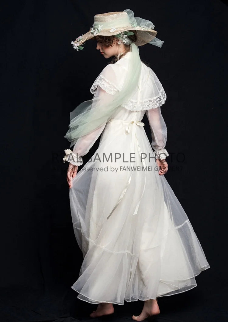 #3006  Real Photos Victorian Vintage Simple Long Sleeve Ankle Length Elegant Outdoor Photography Bridal Gowns Wedding Dress