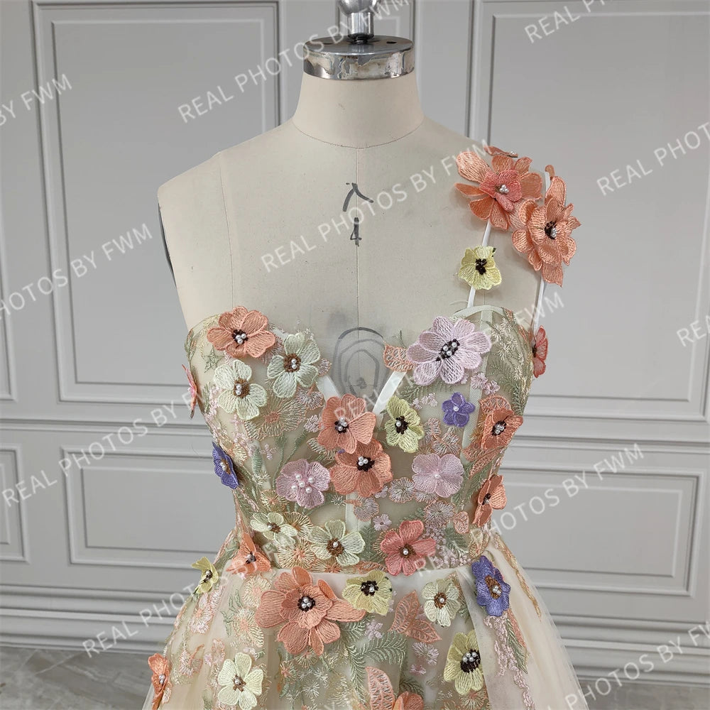 Real Photos One Shoulder 3D Flowers Split Front Wedding Gown Birthday Party Dress for Plus Size Women Prom Evening Dresses
