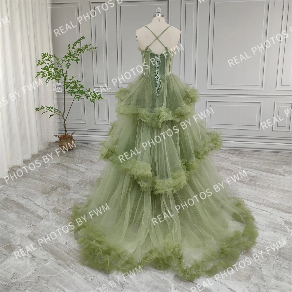 Real Photos Green Spaghetti Strap Ruffles Tulle Ball Gown Birthday Party Dress Women Prom Evening Dresses for Wedding