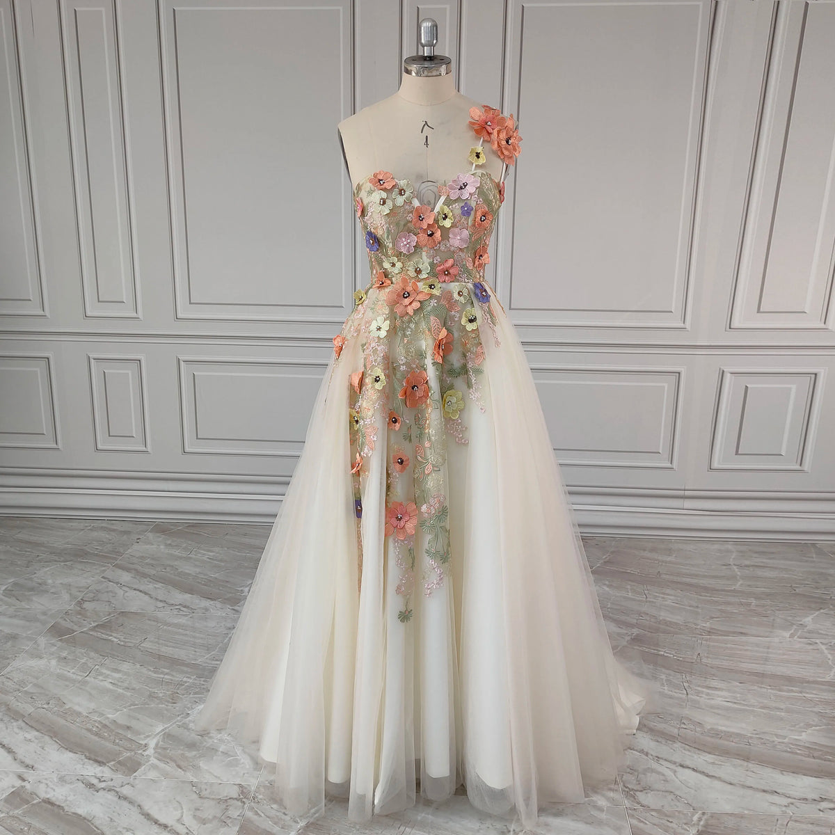 Real Photos One Shoulder 3D Flowers Split Front Wedding Gown Birthday Party Dress for Plus Size Women Prom Evening Dresses