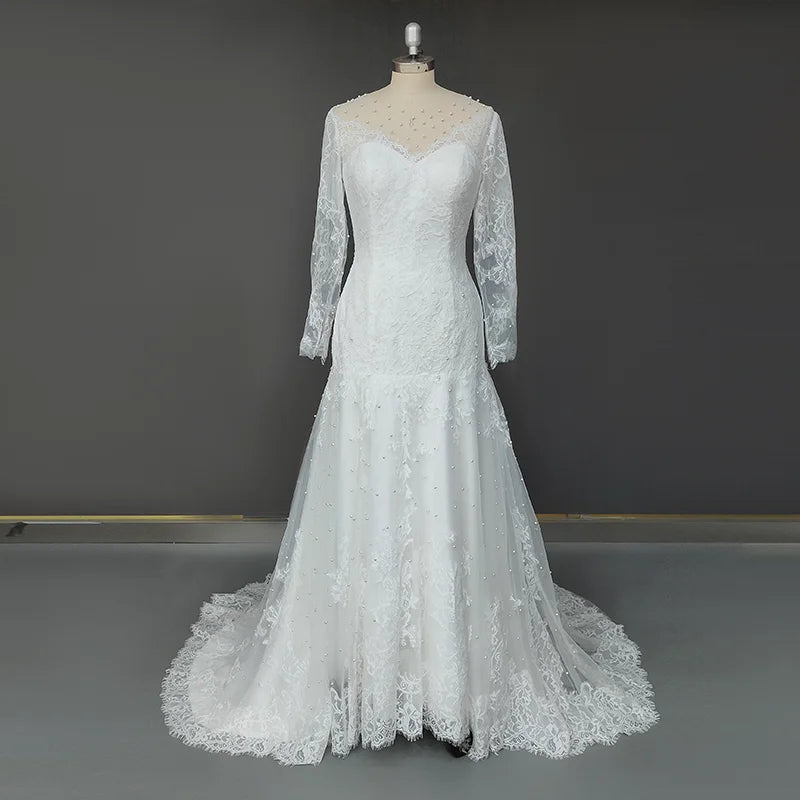 11470#  Real Photos Simple Appliques Lace Pearls Long Sleeves Mermaid Wedding Dress for Engagement Bridal Gown Evening Dress