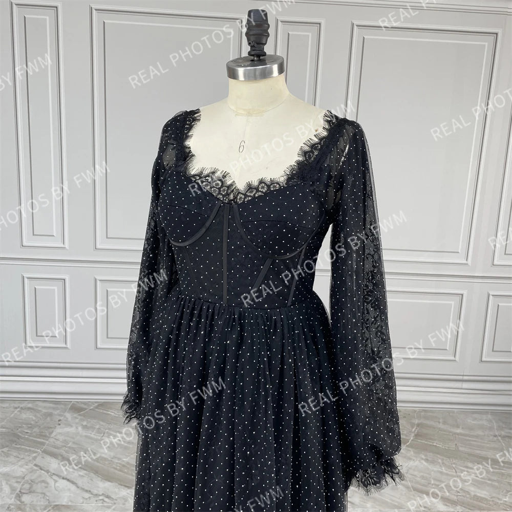 15199# Real Photos Black Shimmering Sequins Lace Long Puffy Sleeve Split Front Wedding Party Evening Dress for Women Prom Gown