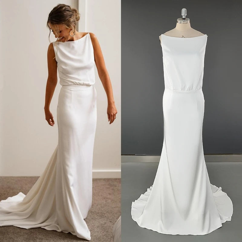 10118# Real Photos Boat Neck Backless Soft Satin Sweep Train Beach Wedding Dress Custom Bridal Gown Wedding Gown