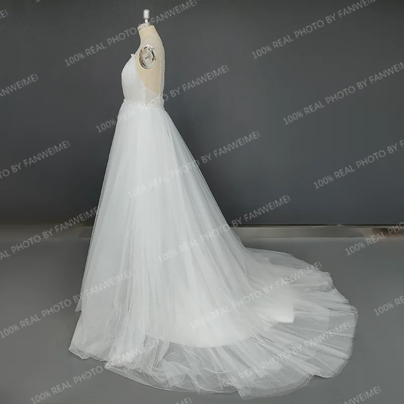 Real Photos Simple Beading Spaghetti Straps Lace Wedding Dress Boho Tulle A-Line Backless V-Neck Bridal Gown for Women
