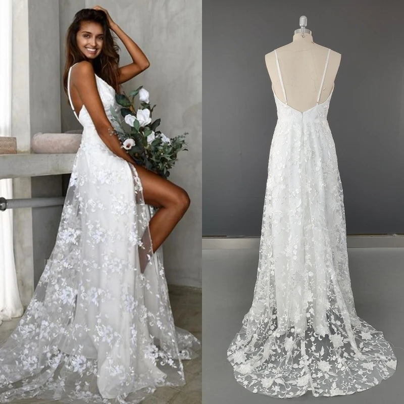 13618# Real Photos Spaghetti Straps V-Neck Sleeveless Boho Lace Backless A-Line Split Wedding Dress Bride Gown for Engagement
