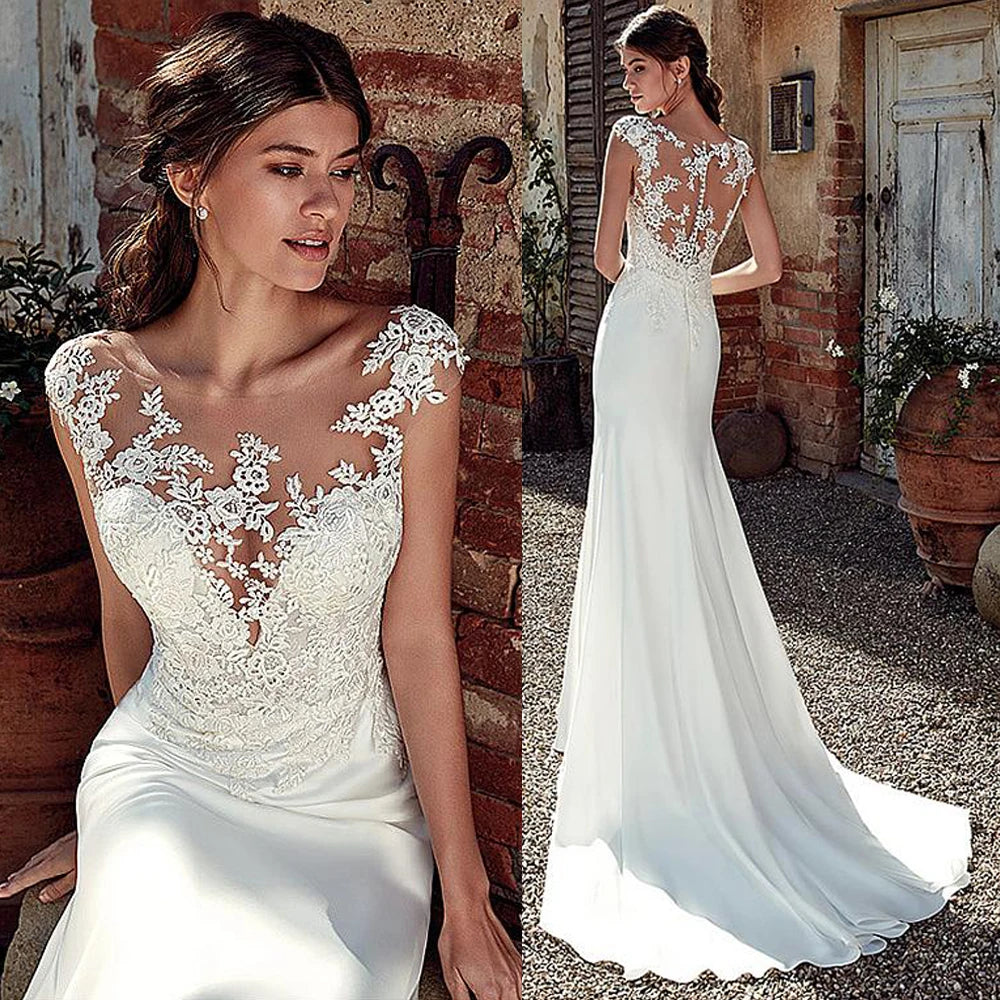 100% Real Photos Classic Mermaid Appliques Illusion Lace Wedding Dress Sleeveless Bride Gown With Button Factory Price