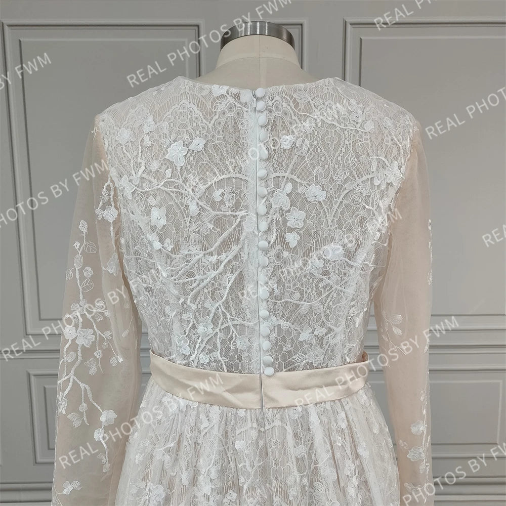 11589# Real Photos Bohemian O-Neck Floor Length A-Line Long Sleeve Flowers Applique Lace Wedding Dress Bridal Gown for Women