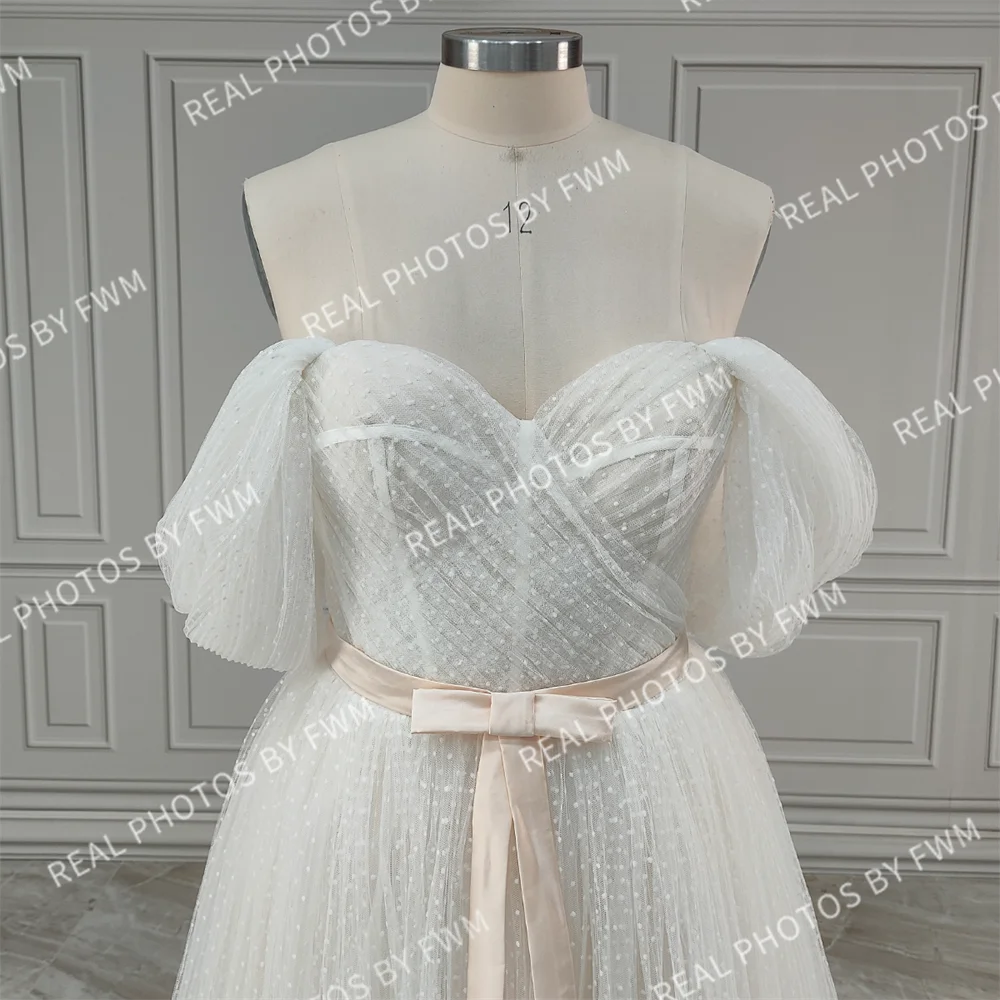 Real Photos Boho Off Shoulder Pleat Dots Lace Wedding Dress Low Back Tulle A-line Bride Gown for Women Elegant Bridal Dress